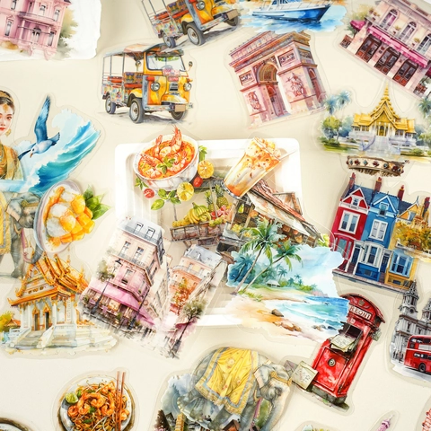 Vintage Travel Architecture PET Stickers Set Watercolor World Landmarks Waterproof Decorative Decals For Scrapbooking DIY Journaling