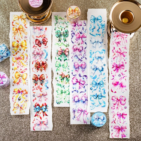 Sparkling Bow PET Decorative Tape Romantic Ribbon Bowknot Tape For Scrapbooking Journaling DIY Arts Crafts Stationery Decor