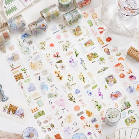 Mist PET Decorative Tape Happy Time Series Die Cut Floral Building Dessert Scrapbooking DIY Journal Tape Artistic Stationary