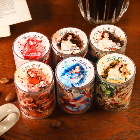 Coffee Girl Series PET Decorative Tape Shell Light Anime Girl Scrapbooking Supplies Vintage DIY Stickers For Journaling Card Making