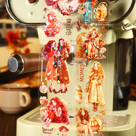 Coffee Girl Series PET Decorative Tape Shell Light Anime Girl Scrapbooking Supplies Vintage DIY Stickers For Journaling Card Making