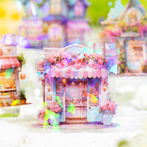 Cinta PET Fairy Tale Store Pegatinas Láser Holográficas para Decoración de Diarios Scrapbooking DIY Arquitectura Kawaii Impermeable