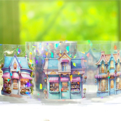 Cinta PET Fairy Tale Store Pegatinas Láser Holográficas para Decoración de Diarios Scrapbooking DIY Arquitectura Kawaii Impermeable