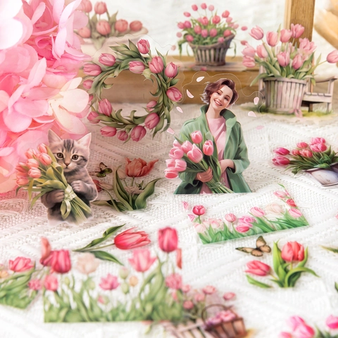 Vintage PET Bloemenmeisje Stickers Artistiek Esthetisch Decoratief Scrapbooking Materiaal Scent Of Women Voor Journaling DIY