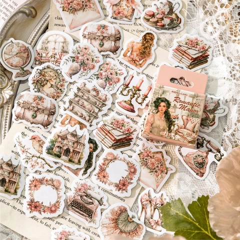 Adesivi in Carta con Illustrazioni Vintage Romantici Floreali Ritratto Architettura Estetici Decorativi per Scrapbooking