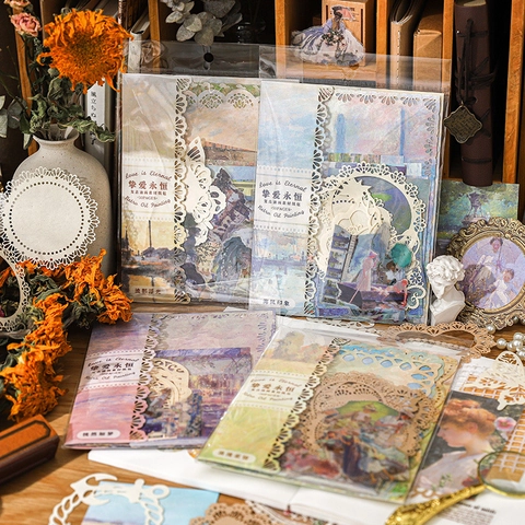 Vintage Oil Painting Scrapbooking Material Pack Specialty Paper PET Stickers Decorative Lace Hollow For DIY Journaling Journal Decor