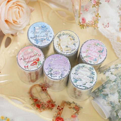 Retro PET Die-cut Decorative Tape Flower Window Series For DIY Scrapbooking Journaling Material Waterproof Sticker Tape
