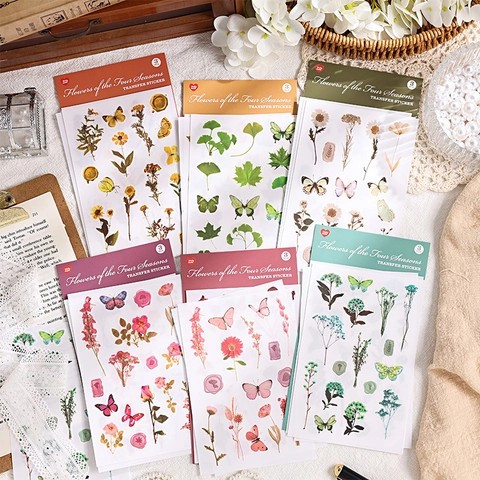Vintage Blumen Der Vier Jahreszeiten Blumig Schmetterling Transferaufkleber 3 Blätter Scrapbooking Dekoratives DIY Journaling Material