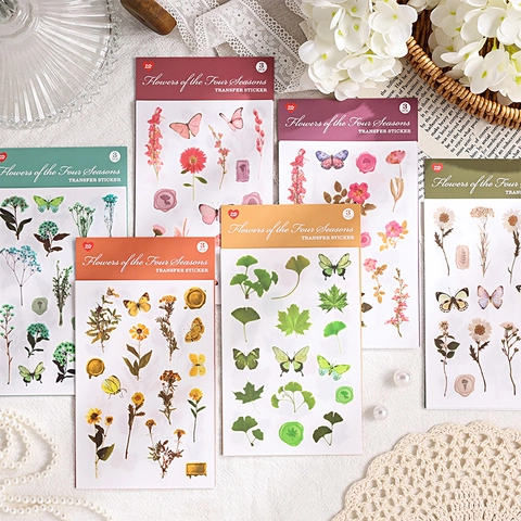 Vintage Blumen Der Vier Jahreszeiten Blumig Schmetterling Transferaufkleber 3 Blätter Scrapbooking Dekoratives DIY Journaling Material