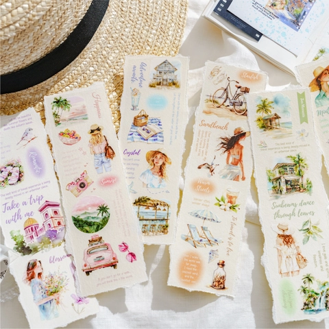 Summer Travel Theme PET Decorative Tape For Scrapbooking Hand Painted Watercolor Illustration Journal DIY Craft Supplies