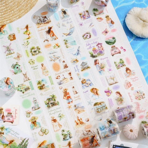 Summer Travel Theme PET Decorative Tape For Scrapbooking Hand Painted Watercolor Illustration Journal DIY Craft Supplies
