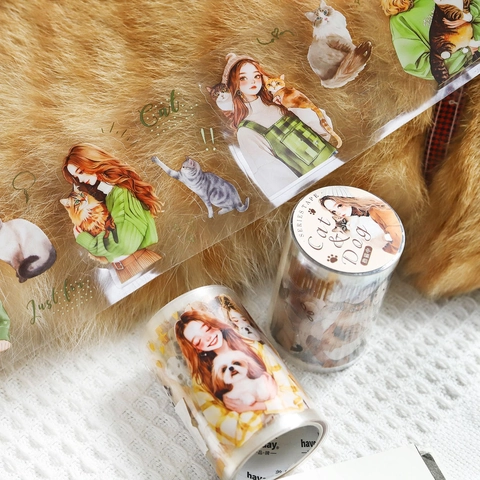 PET Decorative Tape Kitten And Puppy Series Girl And Pet Theme Die-cut Loop Stickers For Scrapbooking Journaling DIY Crafts Stationery Gift