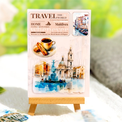 Travel The World Series PET Stickers Vintage Watercolor Architecture Landscape DIY Scrapbooking Journal Decoration Accessory