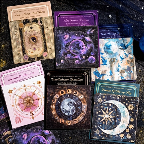 Adesivi Serie Lunar Postal Service Retro Luna Cielo Stellato Galassia Tema Carta Perlata Pellicola Lucida Decalcomanie Decorative Scrapbooking DIY Diario Materiale