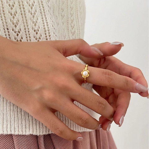 S925 Sterlingsilber Süßwasserperle Offener Ring Für Damen Elegant Sonnenblume Design Verstellbarer Fingerring Schmuck