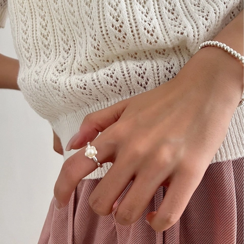 S925 Sterlingsilber Süßwasserperle Offener Ring Für Damen Elegant Sonnenblume Design Verstellbarer Fingerring Schmuck
