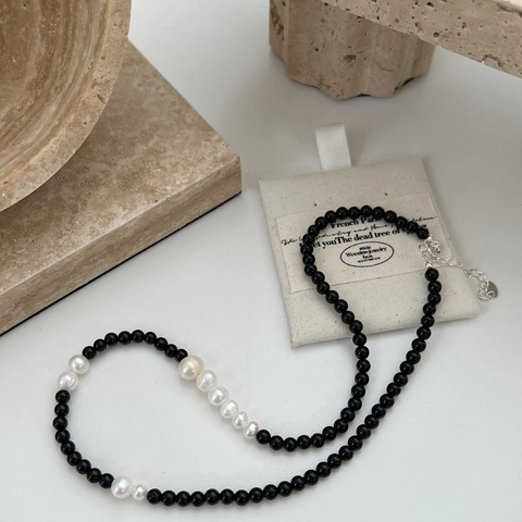 Collana in Argento Sterling 925 con Agata Nera e Perla Artificiale per Donna Gioielli Minimalisti Retrò Francesi
