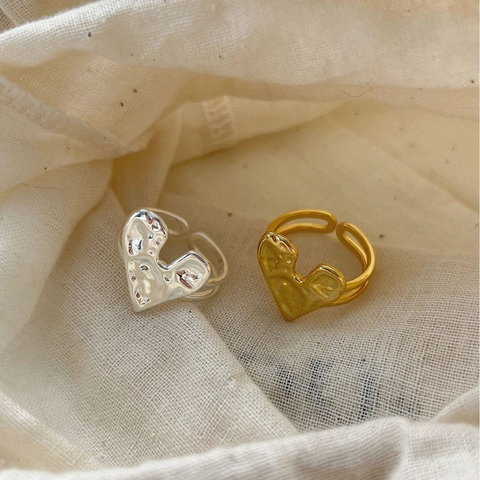 925 Sterling Zilver Hart Open Verstelbare Ring Gehamerde Lava Textuur Minimalistisch Goud Zilver Verguld Vingerring Dames