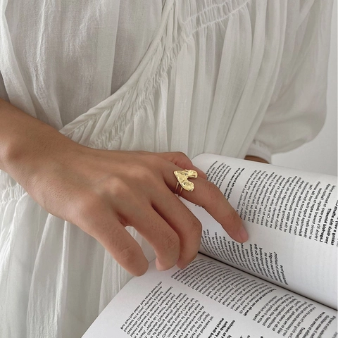925 Sterling Zilver Hart Open Verstelbare Ring Gehamerde Lava Textuur Minimalistisch Goud Zilver Verguld Vingerring Dames