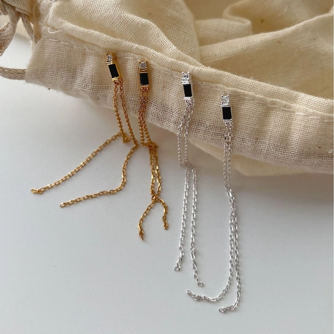 925 Sterling Silver Black Zirconia Tassel Earrings For Women Elegant Long Chain Drop Earrings High End Fashion Jewelry