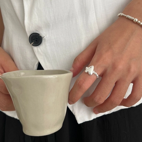 Minimalist 925 Sterling Silver Heart Adjustable Open Ring Beaded 3D Love Finger Band Fashion Jewelry For Women Daily Gift