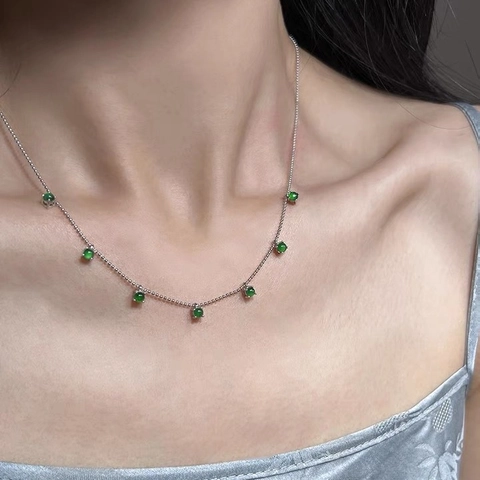 Collar de Calcedonia Verde de Plata de Ley 925 para Mujer Nuevo Estilo Chino Cadena de Bolas Joyería de Moda Minimalista