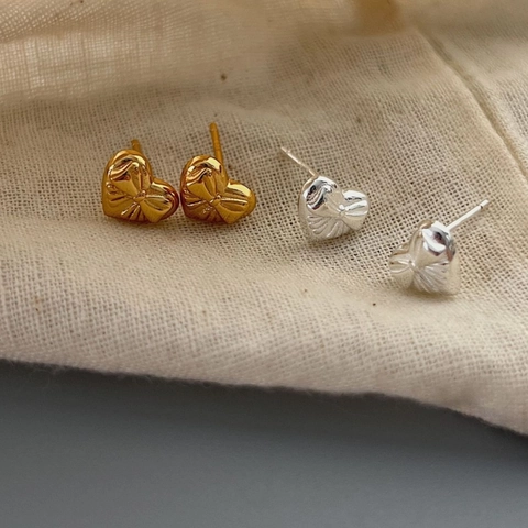 925 Sterling Silver Heart Stud Earrings For Women Sweet Bow Texture Gold Silver Plated Korean Ins Style Temperament Jewelry
