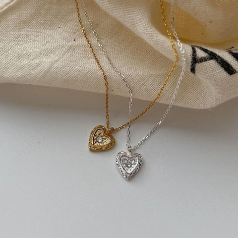 Collana con Pendente a Cuore in Argento Sterling 925 Minimalista Donna Texture Martellata Retro Strass Intarsiato Gioielli