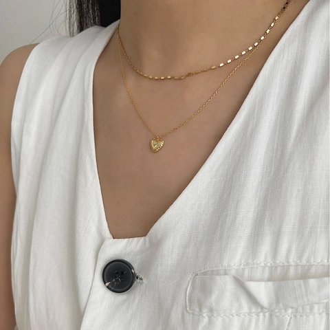 Collana con Pendente a Cuore in Argento Sterling 925 Minimalista Donna Texture Martellata Retro Strass Intarsiato Gioielli