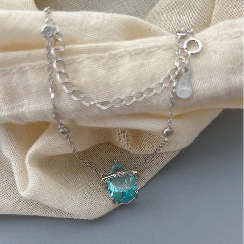 925 Sterlingsilber Bambusabschnitt Halskette Damen Hellblau Tränentropfen Strass Anhänger Station Kette Minimalist Schmuck