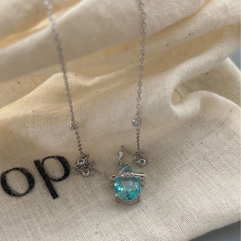 925 Sterlingsilber Bambusabschnitt Halskette Damen Hellblau Tränentropfen Strass Anhänger Station Kette Minimalist Schmuck