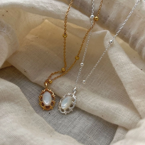Collana con Pendente in Argento Sterling 925 Ovale Perla Artificiale Bianca Catena a Sfere Vintage Francese Gioielli Eleganti da Donna