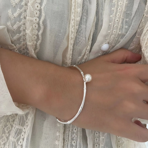 925 Sterlingsilber Künstliche Perle Bambus Armreif Für Damen Elegant Verstellbar Offener Armreif Silber Schmuck