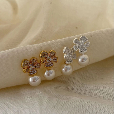 Orecchini a Bottone in Argento Sterling 925 con Perle Artificiali per Donna Orecchini a Farfalla e Fiore con Strass Gioielli