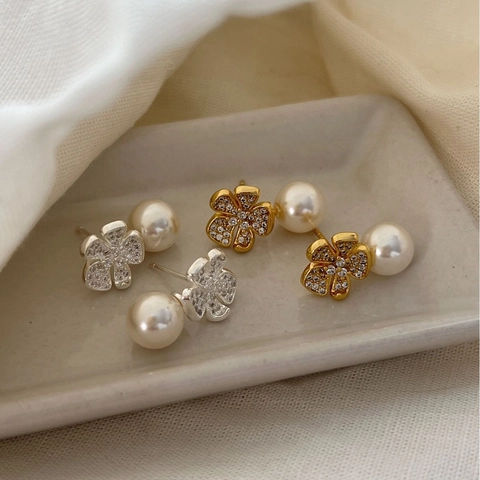 Orecchini a Bottone in Argento Sterling 925 con Perle Artificiali per Donna Orecchini a Farfalla e Fiore con Strass Gioielli