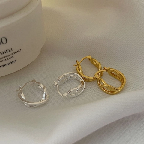 Orecchini a Cerchio Incrociati in Argento Sterling 925 Vintage Francese per Donna Minimalista Intrecciato Geometrico Gioielli