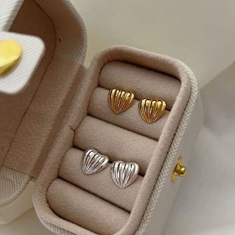Pendientes de Botón de Corazón de Plata de Ley 925 Textura Acanalada 3D Corazón de Melocotón Oro Plata Joyería de Moda Mujer