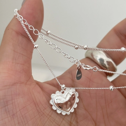 Collana con Pendente a Cuore in Argento Sterling 925 per Donna Texture Retro Oro Argento Placcato Zirconia Gioielli a Strati