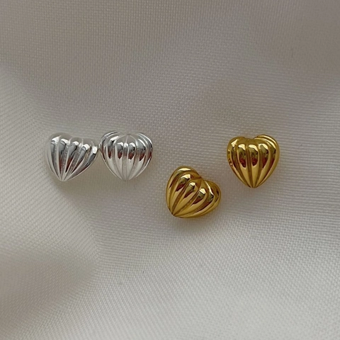 Pendientes de Botón de Corazón de Plata de Ley 925 Textura Acanalada 3D Corazón de Melocotón Oro Plata Joyería de Moda Mujer