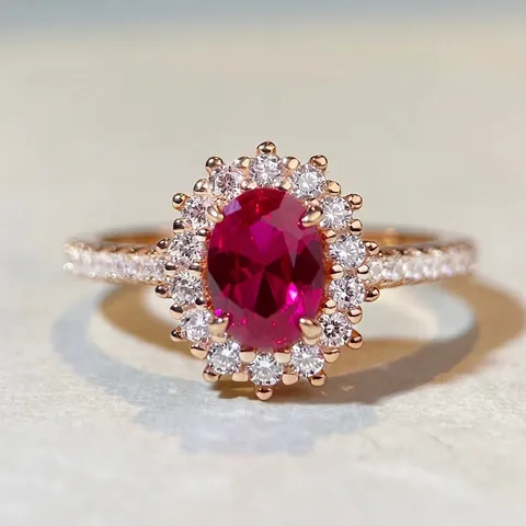 Anello in Argento Sterling S925 Con Rubino Rosso Sangue di Piccione Ovale da Donna Placcato in Oro 18K Lussuoso Con Strass Intarsiato Gioielli per Matrimonio Festa