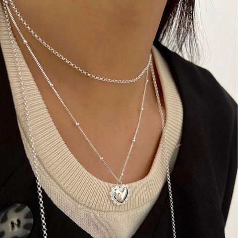 Collana con Pendente a Cuore in Argento Sterling 925 per Donna Texture Retro Oro Argento Placcato Zirconia Gioielli a Strati