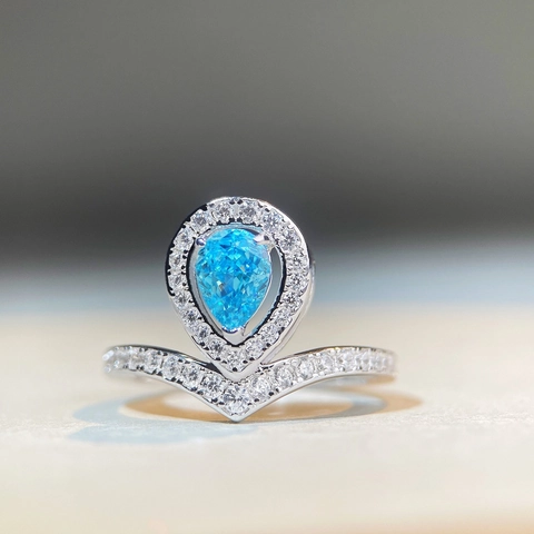 Luxus 925 Sterlingsilber Krone Wassertropfen Ring Für Damen Paraiba Blau Zirkonia Eingelegt V-Förmiges Band Hochzeit Schmuck