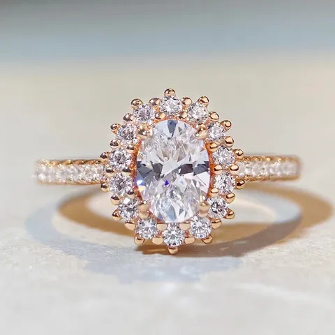 Bague en Argent Sterling 925 Zirconia pour Femme Élégante Taille Ovale Halo Bague de Mariage Géométrique Pave Bijoux