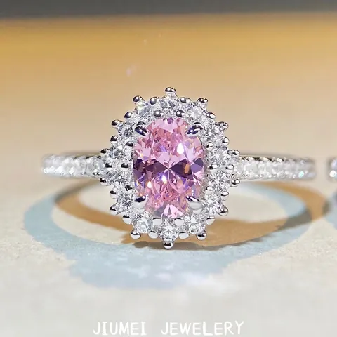 925 Sterling Silver Oval Pink Rhinestone Ring For Women Minimalist Snowflake Halo Engagement Ring Jewelry