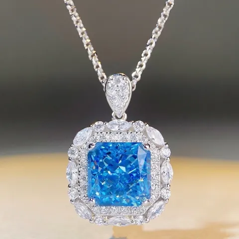 Luxurious 925 Sterling Silver Square Rhinestone Pendant Necklace For Women Elegant Clavicle Chain Party Jewelry Gift