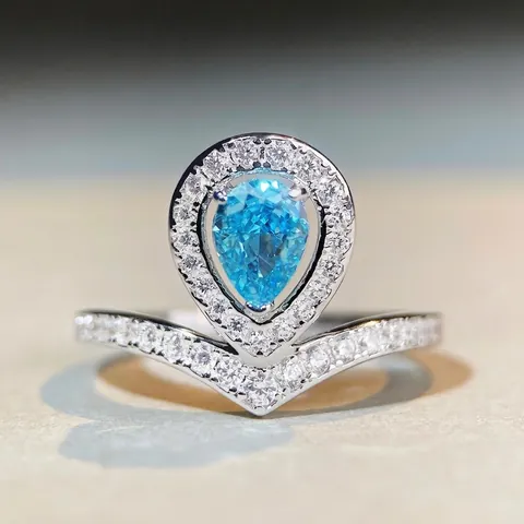 Luxus 925 Sterlingsilber Krone Wassertropfen Ring Für Damen Paraiba Blau Zirkonia Eingelegt V-Förmiges Band Hochzeit Schmuck
