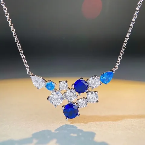 925 Sterling Silver Rhinestone Triangle Pendant Necklace For Women Elegant Geometric Blue Stone Light Luxury Jewelry