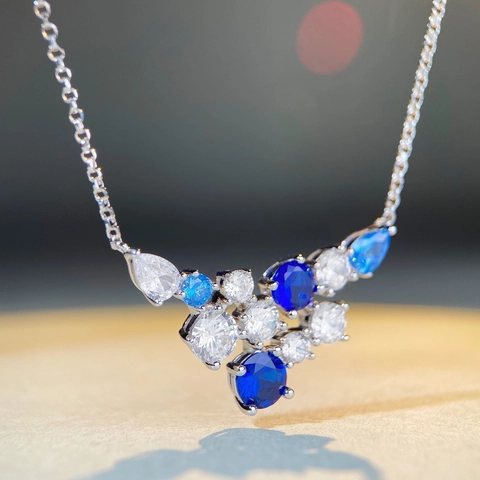 925 Sterling Silver Rhinestone Triangle Pendant Necklace For Women Elegant Geometric Blue Stone Light Luxury Jewelry