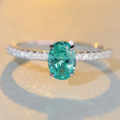 Elegant 925 Sterling Silver Ring For Women Oval Paraiba Style Blue Green Stone Rhinestone Inlaid Fashion Commuting Jewelry