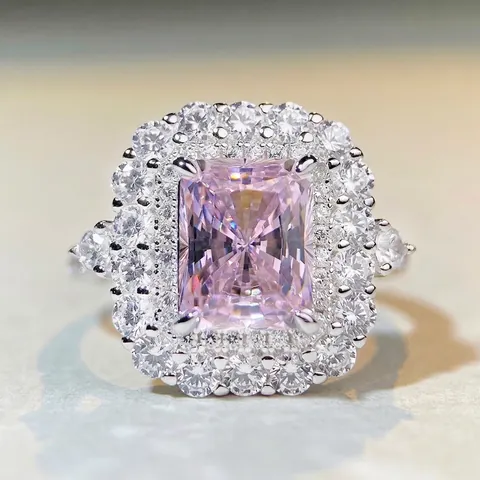 Lussuoso Anello Halo in Argento Sterling 925 Rettangolare con Strass per Donna Rosa Giallo Bianco Pietra Preziosa Matrimonio Gioielli